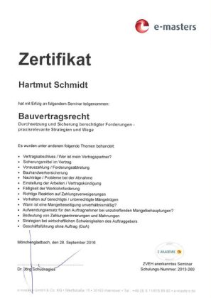 Zentifikat Bauvertragsrecht Schmidt 2016
