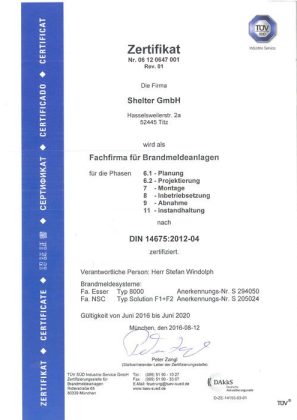 Zertifikat DI 14675 BMA Shelter GmbH- Stefan Windolph