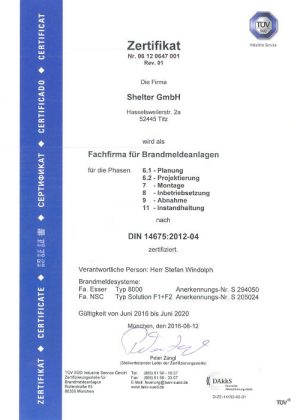 Zertifikat DIN14675 BMA Shelter GmbH 2016-2019