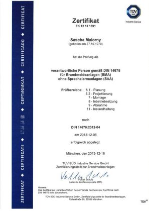 Zertifikat DIN14675 Sacha Malorny